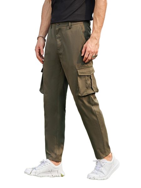 

men solid flap pocket pants l43i#, Black