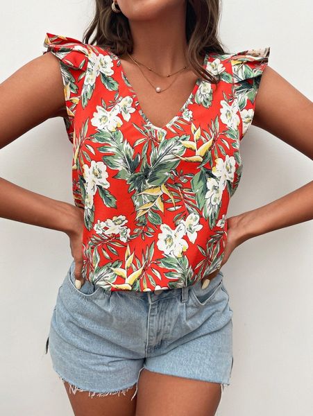 

tropical butterfly sleeve blouse t0x2#, White