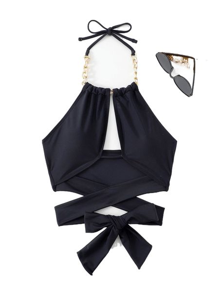 

chain detail crisscross tie back halter bikini w2ye#, White;black