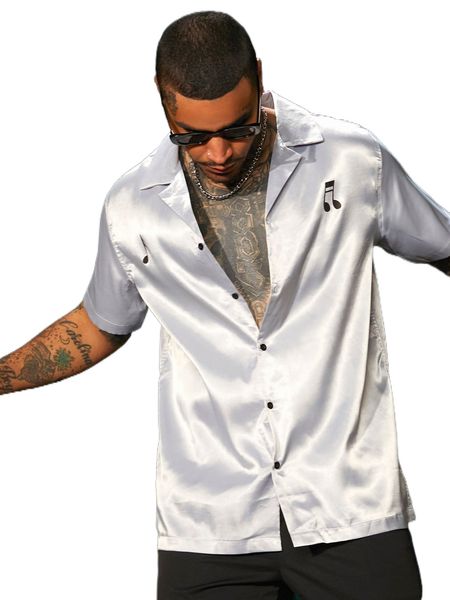 

men music note print satin shirt x05e#, White;black