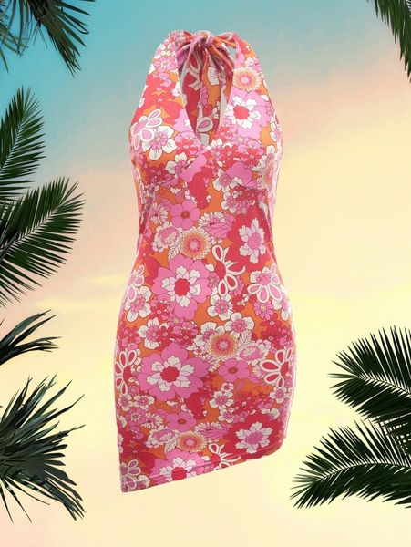 

mod allover floral print tie back bodycon dress x1lv#, Black;gray