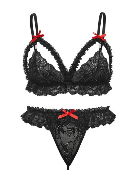 

plus cut out bow front ruffle trim lace lingerie set 32ce#, Black;white