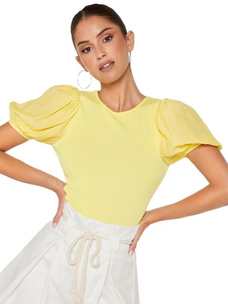 

solid puff sleeve tee 39nu#, White