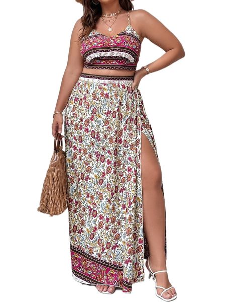 

plus floral print tie backless crop cami & wrap hem skirt j8ge#, Black