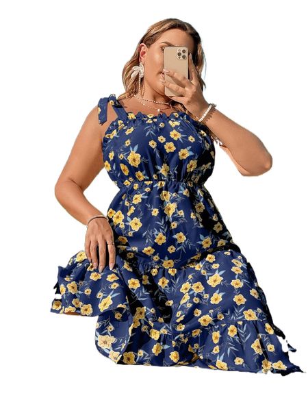 

plus allover floral print tie shoulder cami dress 78ed#, Black