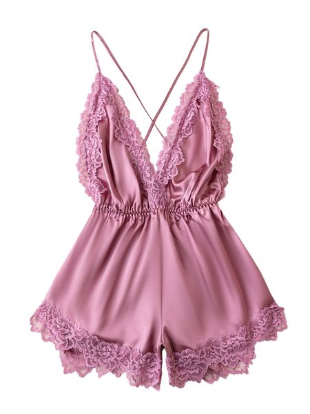 

contrast lace criss cross backless satin cami romper e3ik#, Black;red