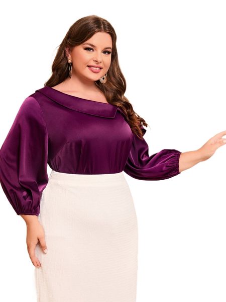 

plus asymmetrical neck lantern sleeve blouse x18d#, Black