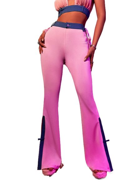 

cut out knot side contrast trim split hem flare leg pants y6xm#, Black;white