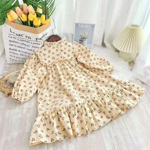 

girl's dresses cute floral children's mid-long dress 2022 early spring korean ruffles turtleneck long sleeve loose princess 2-6 ye, Red;yellow