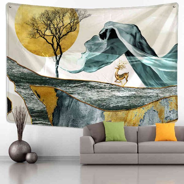 Tapisserie Einfache Golden Deer Mond Landschaft Wand Teppich Schlafzimmer Dekor Teppiche Fa