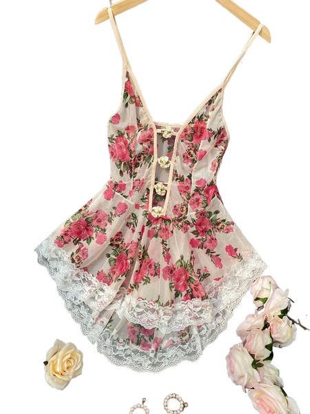 

floral print contrast lace stereo flower high low mesh nightdress i6lh#, Black;red
