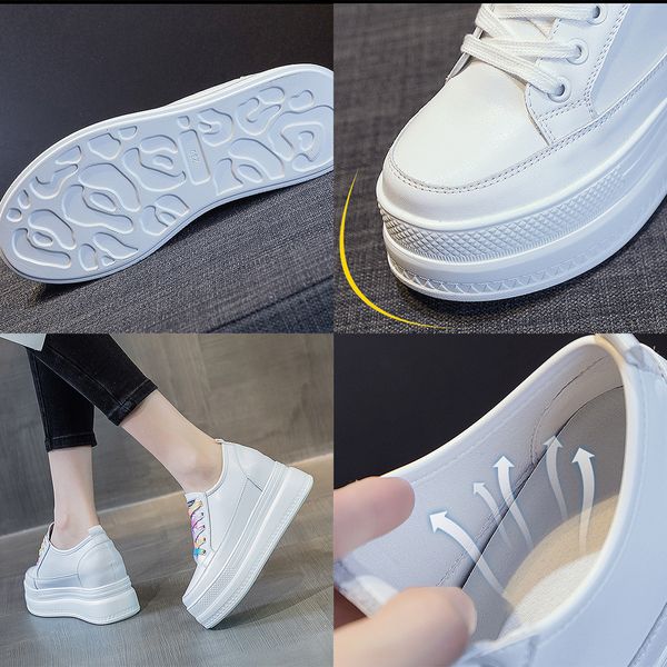 

genuine leather 8cm high white platform hidden heel wedge shoes chunky sneakers increased height shoes 2022 sneakers, Black;yellow
