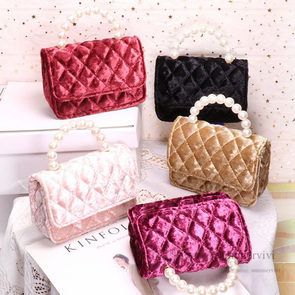 

luxury children pearls chain handbags kids pleuche diamond lattice crossbody bags sweet girls princess one-shoulder bag q5857, Black