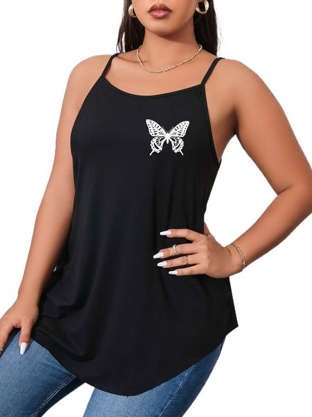 

plus butterfly print curved hem cami h67v#, Black