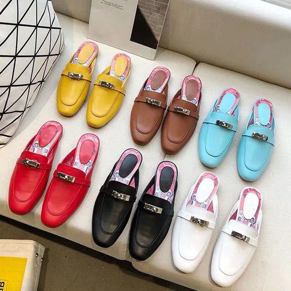 

new summer men beach slippers classic designer lazy flat baotou flip flops 100% leather lady slides suede letter women shoes cowhide metal m, Black
