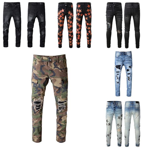 

men's jeans pant designer camouflage pants skinny rip motorcycle denim slim stretch fit with hole patch hip hop streetwear for man stra, Blue