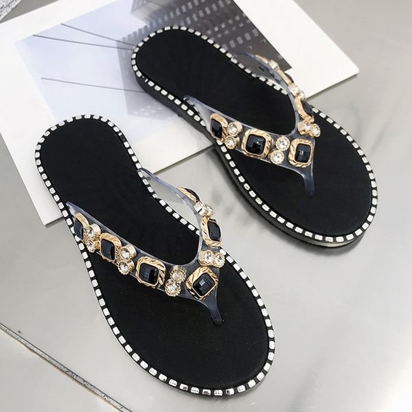 

rhinestone transparent flip flops women clip toe clear slippers summer beach shoes outdoor fashion gem thong slides sandals 2022, Black