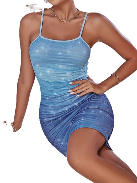 

ombre ruched mesh cami dress a70x#, Black;gray