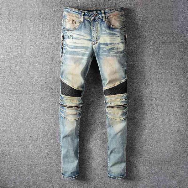 

amirs mens jeans designer high street fashion brand amirs new retro stitching old punk style zipper decoration slim fit jeans 606 hip ho hux, Blue