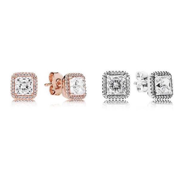 

925 sterling silver square big cz diamond earring fit pandora jewelry gold rose gold plated stud earring women earrings 322 t2, Golden;silver