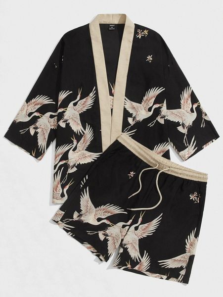 

men crane print open front shirt & drawstring shorts set v0ja#, Gray
