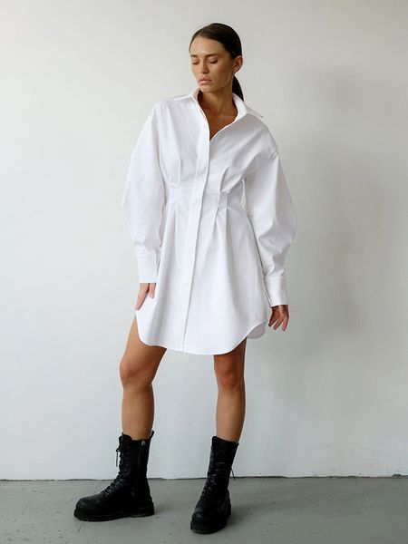 

casual dresses spring summer bodycon dress women khaki long sleeve pleated shirt dress office ladies solid lapel mini dresss, Black;gray
