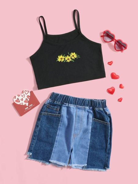 

girls floral print cami & color block raw hem denim shorts she, White