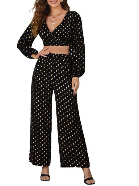 

polka dot print lantern sleeve & wide leg pants set 56x8#, White