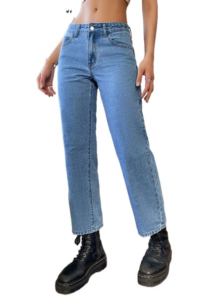 

zipper fly straight leg jeans without belt l6gb#, Blue