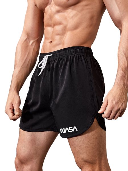 

men letter graphic drawstring waist sports shorts 50ib#, White;black