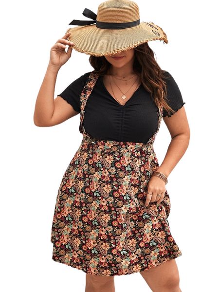 

plus floral print skirt without tee m7jh#, Black