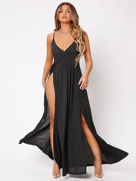 

slit hem spaghetti neck dress a7sj#, Black;gray