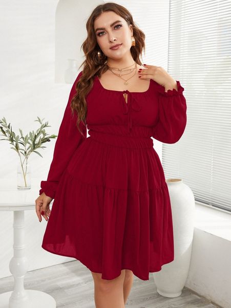 

plus square neck bishop sleeve tie front a-line dress r7xr#, Black