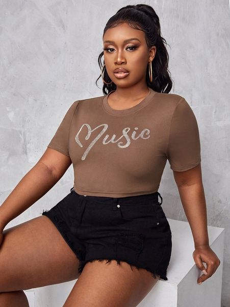 

plus rhinestone letter crop tee x7mt#, Black