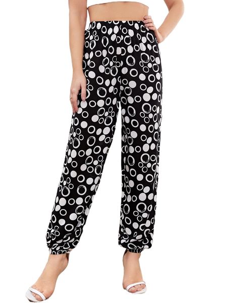 

1pc polka dot elastic waist pants m5ck#, Black;white