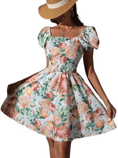 

allover floral print shirred waist a-line dress w334#, Black;gray