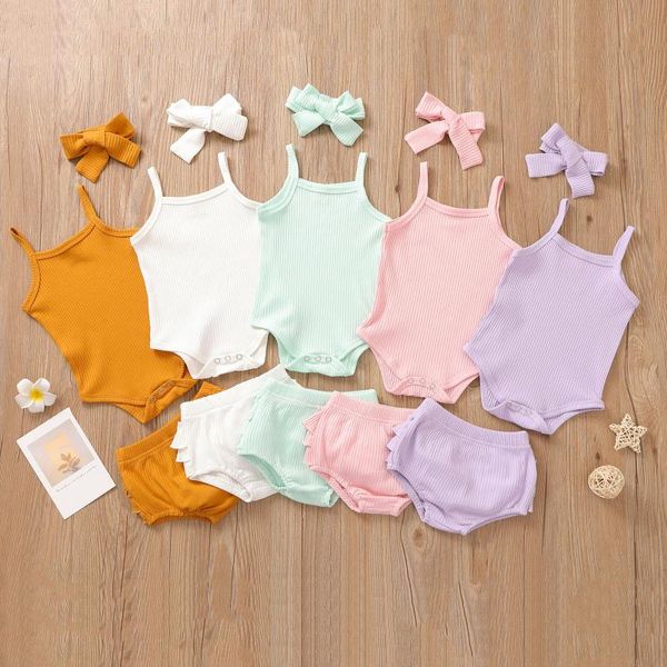 Conjuntos de roupas Moda Verão Nascido Bebê Meninas 3 Pcs Outfits Ternos Sem Mangas Malha Romper Tank Top Ruffle Shorts Headband Kids SuitClothing Clo