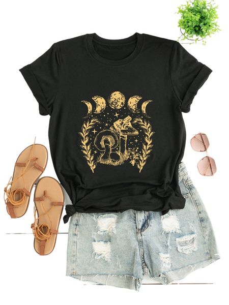 

plus moon & mushroom print tee 10ha#, Black