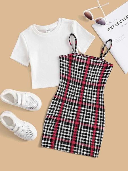 

toddler girls ribbed knit tee & plaid cami dress she02, White