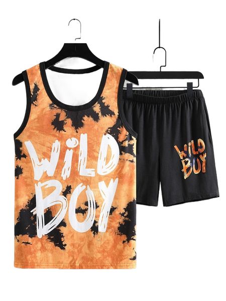 

men random tie dye letter graphic tank & shorts 55jp#, Gray