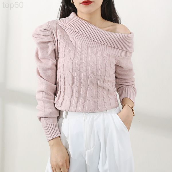 

women's sweaters designer []new autumn and winter long sleeved linen off shoulder solid color sweater irregular oblique neck loose knit, White;black