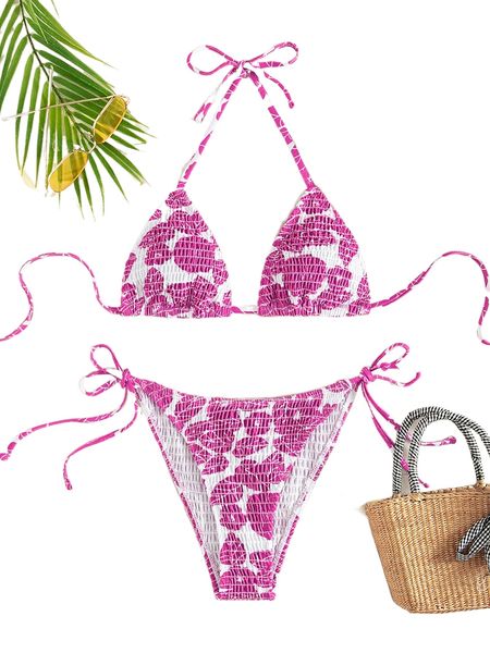 

floral print smocked halter triangle bikini swimsuit c6vf#, White;black