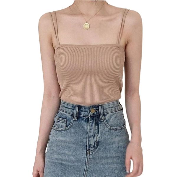 

women's tanks & camis knitted tank women sleeveless vest t-shirt ladies slim strap short camisole basic mini a5j2#, White