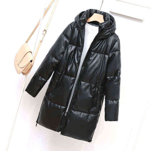 

hooded waterproof faux pu leather long winter jacket women fashion black warm quilted coats cotton padded jackets outwear c7685 211118