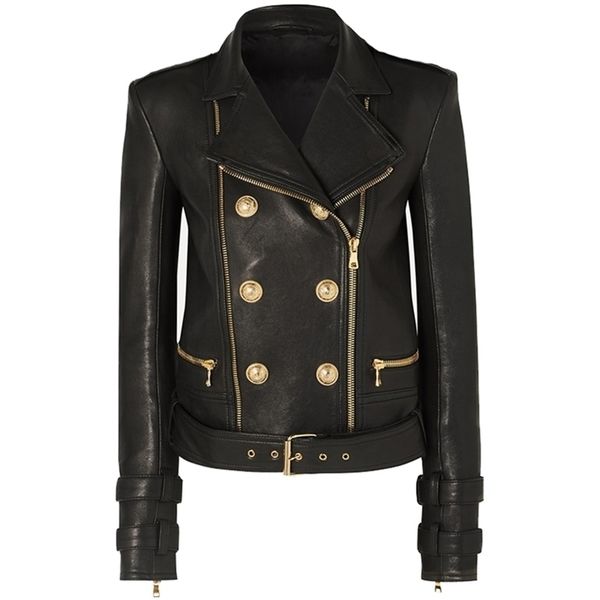 

est designer jacket women's lion buttons faux leather jacket motorcycle biker jacket 201224, Black