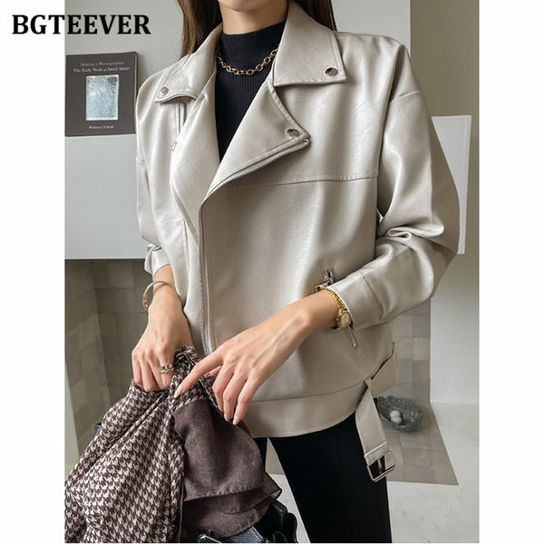 

fashion chic lapel women pu leather jackets long sleeve zippers belted female faux leather coats ladies outwear 2021, Tan;black