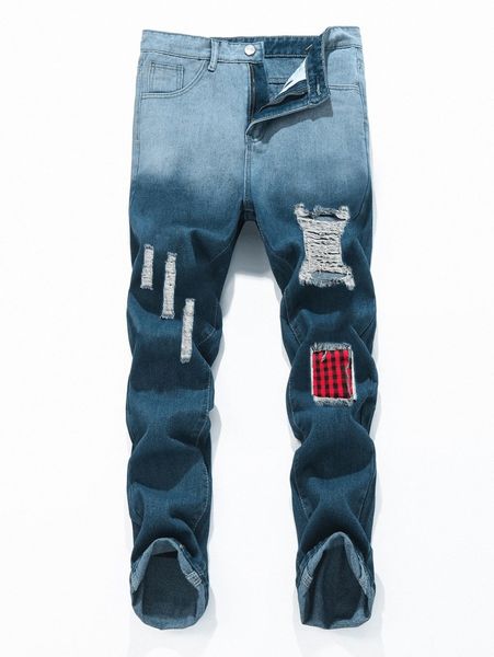 

romwe guys contrast plaid ripped jeans b9hp#, Blue