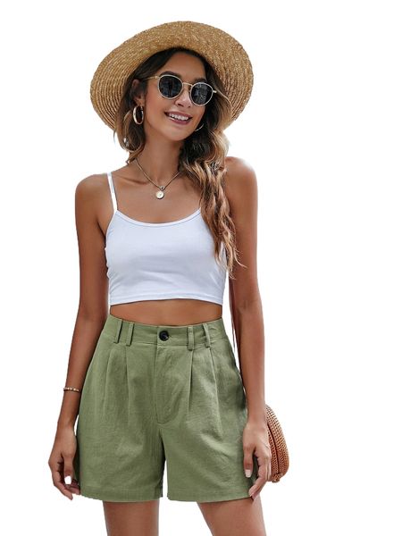 

button waist solid wide leg shorts t3dk#, White;black