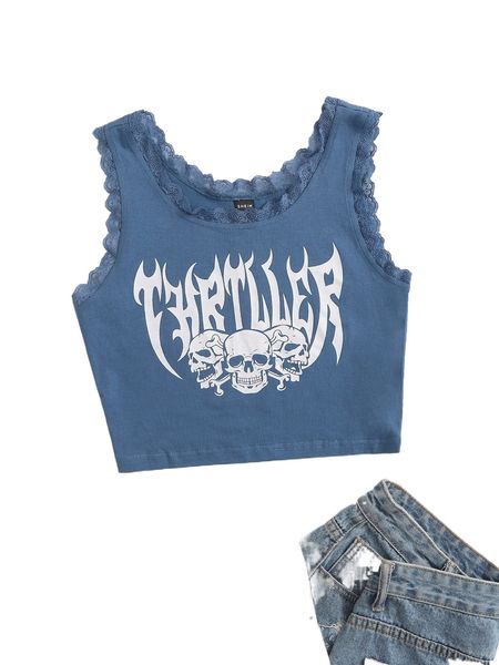 

letter & skeleton print contrast lace tank j8d2#, White
