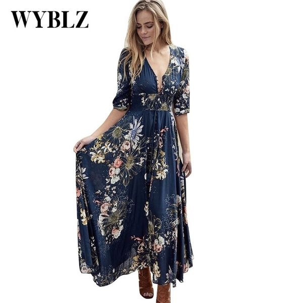

plus size xl women floral dress summer high split dress vneck beach boho dress three quarter sleeves maxi long dresses 220520, Black;gray
